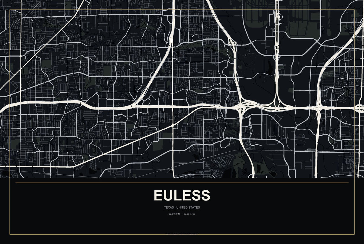 Euless, Texas City Map Aluminum Sign in Metropolitan Noir style