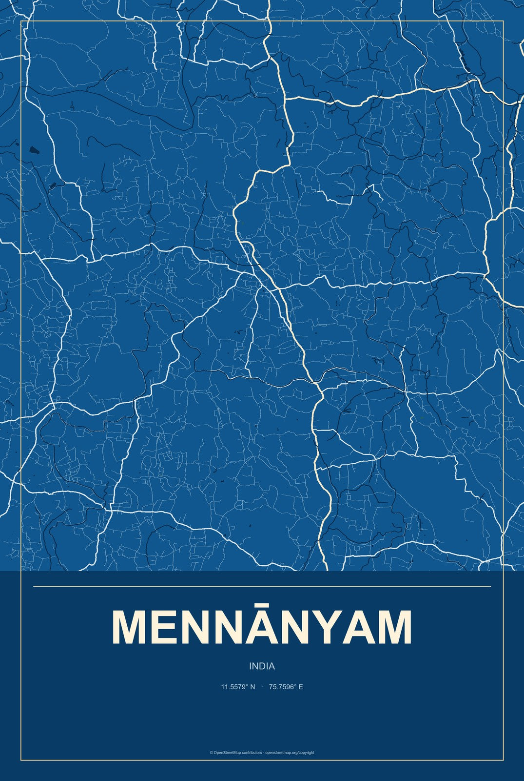 Mennānyam, India City Map Aluminum Sign in Harbor Cobalt style