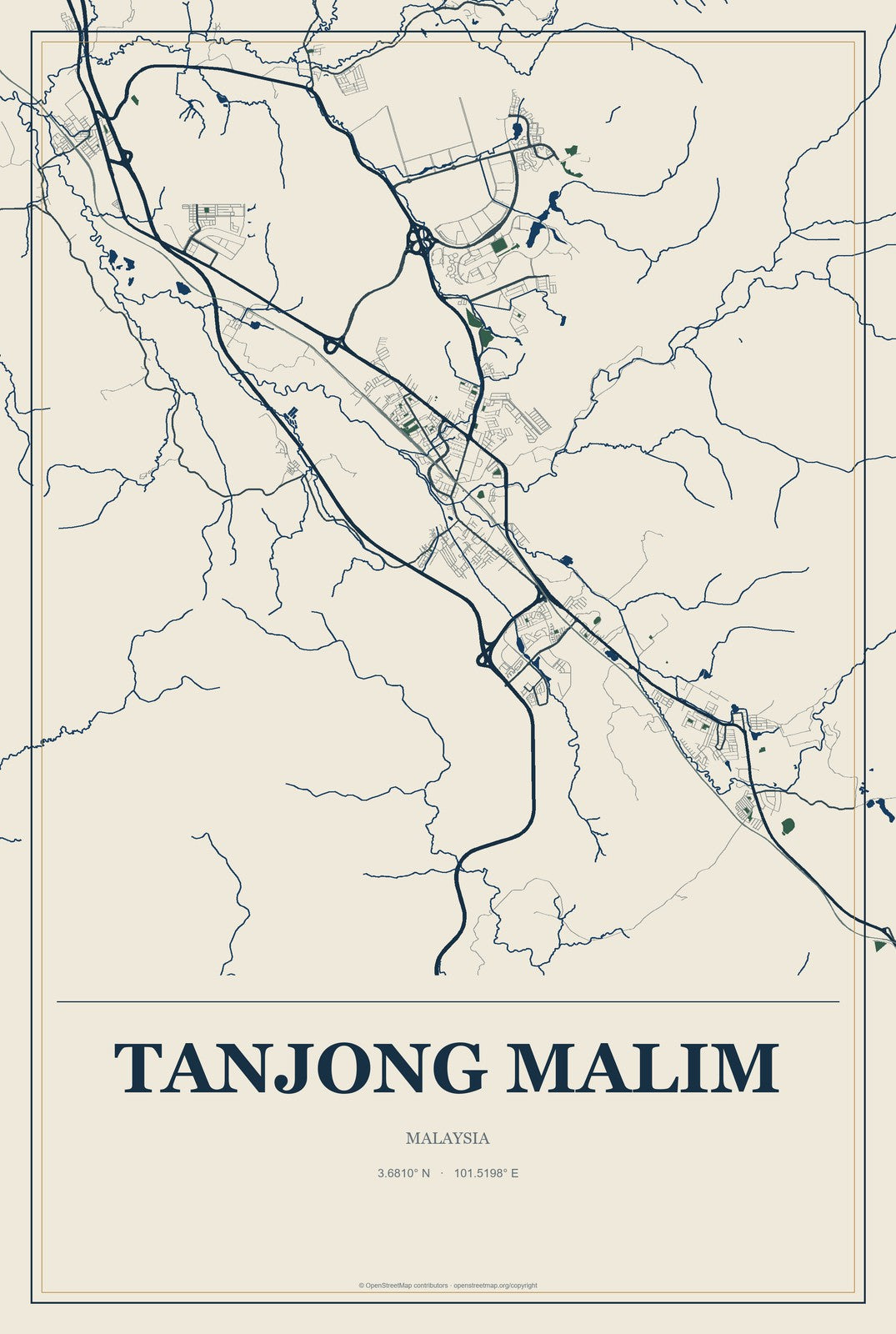 Tanjong Malim, Malaysia City Map Aluminum Sign in Coastal Cutout style