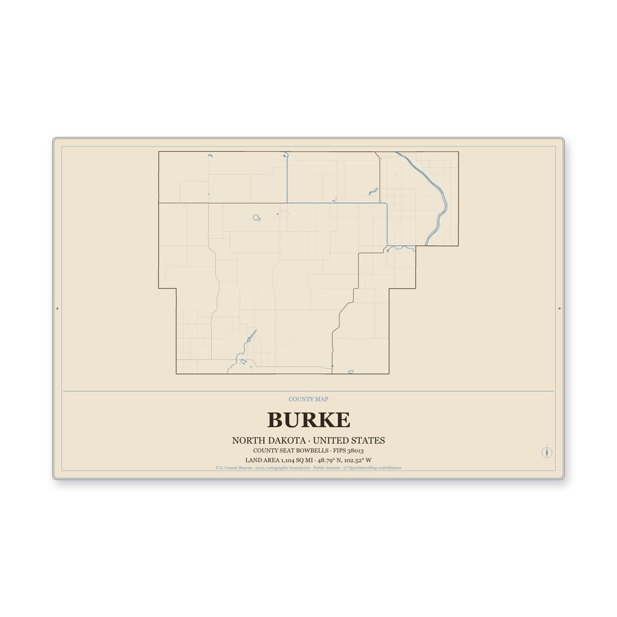 Burke County, North Dakota Map Aluminum Sign in Heritage Nautical style