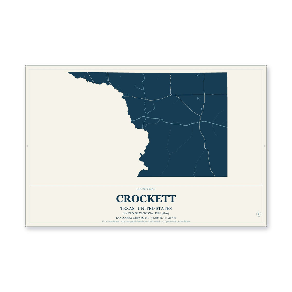 Crockett County, Texas Map Aluminum Sign in Coastal Cutout style