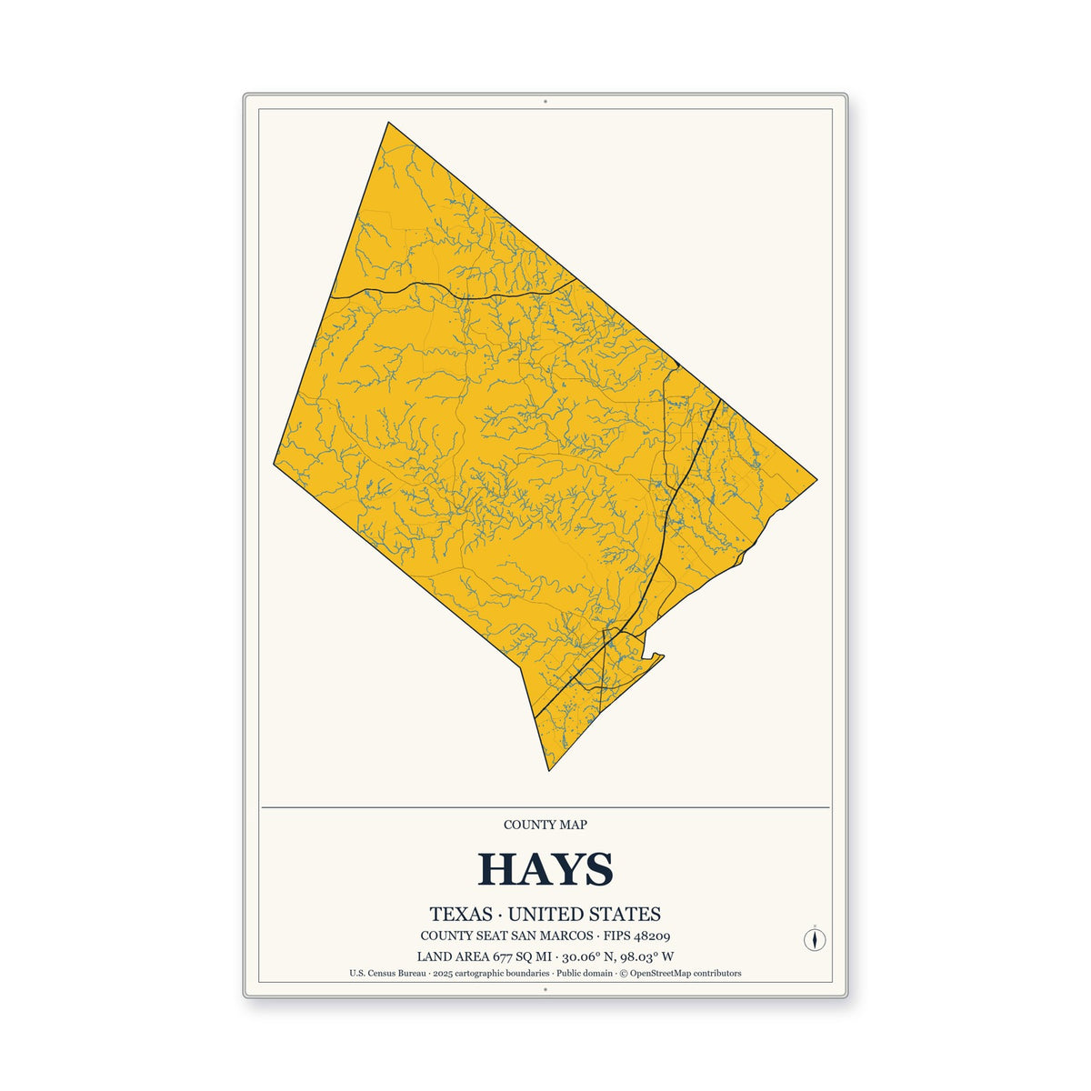Hays County, Texas Map Aluminum Sign in Citrine Modern style