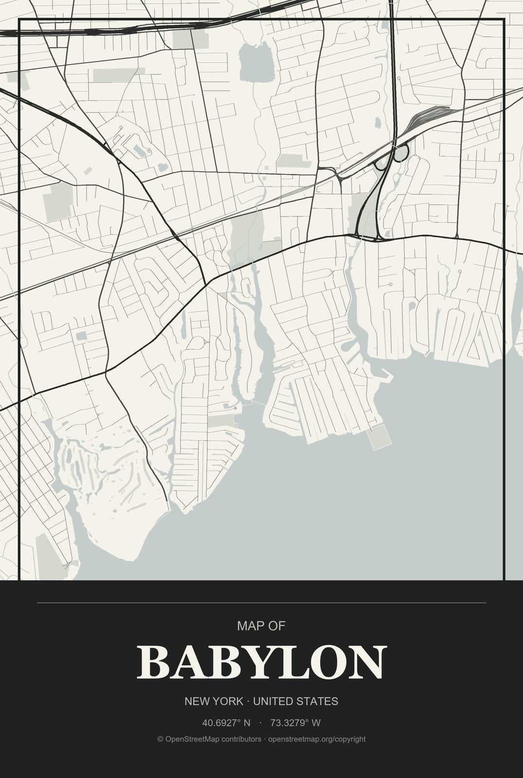 Babylon, New York City Map Aluminum Sign in Museum Plaque style
