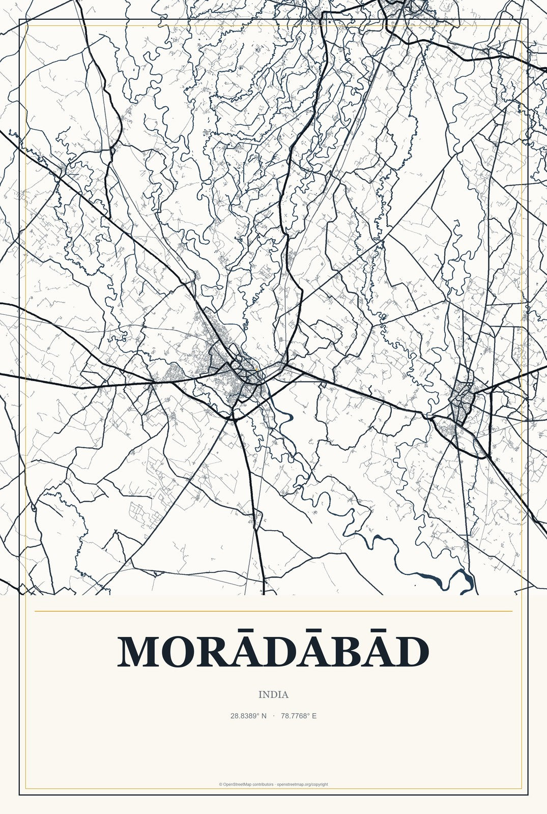 Morādābād, India City Map Aluminum Sign in Citrine Modern style