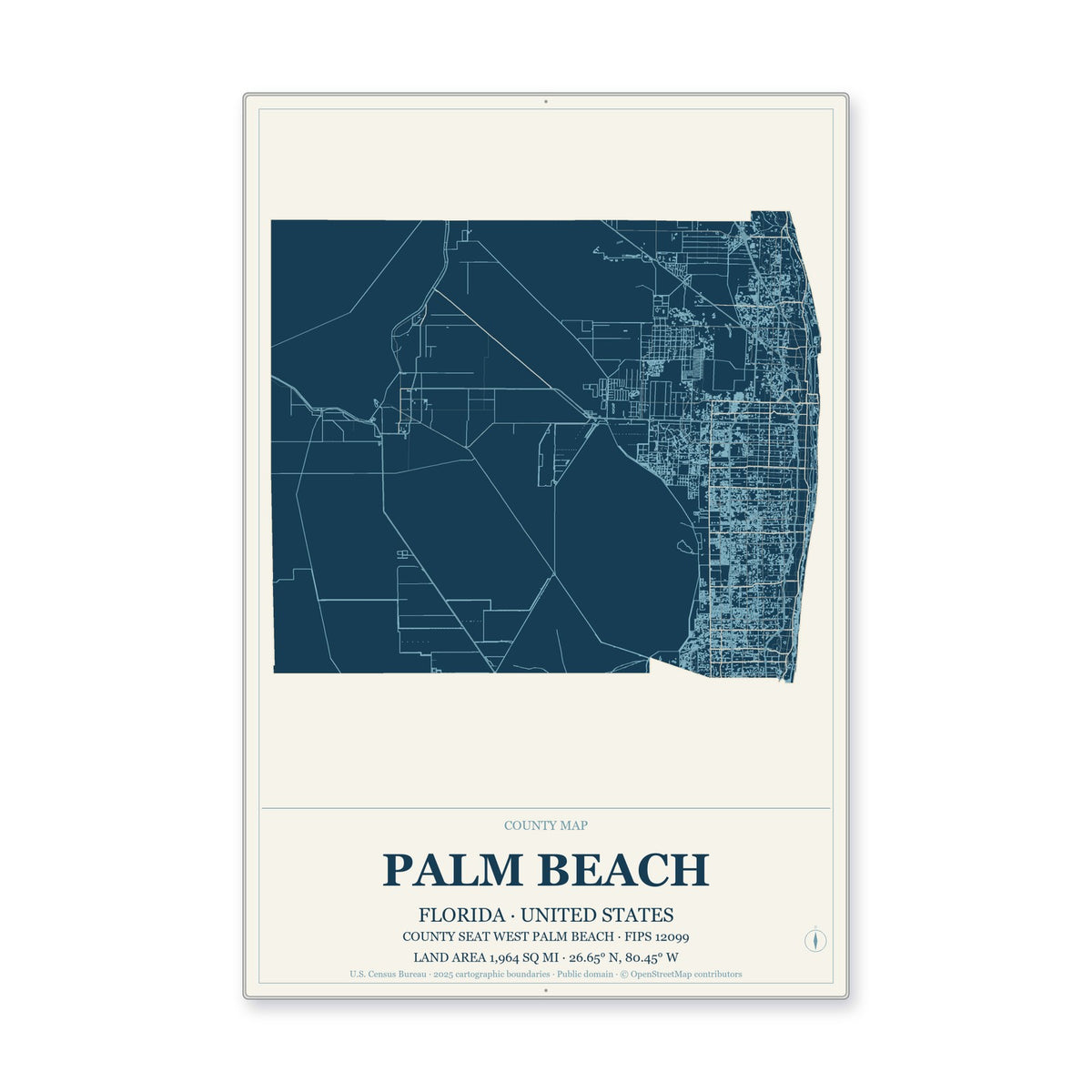 Palm Beach County, Florida Map Aluminum Sign in Coastal Cutout style