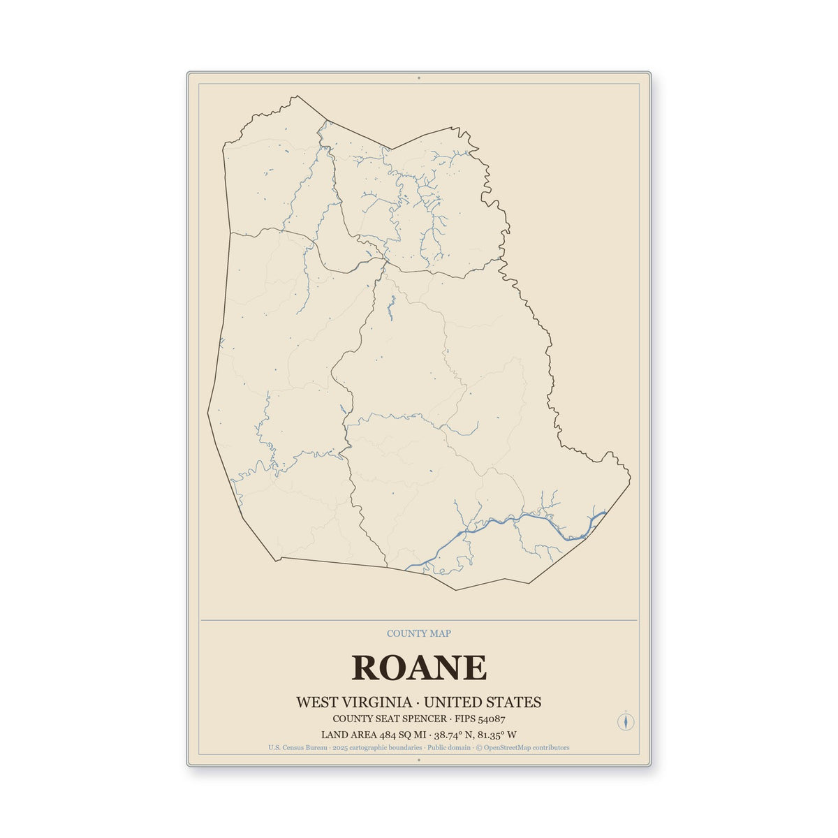 Roane County, West Virginia Map Aluminum Sign in Heritage Nautical style