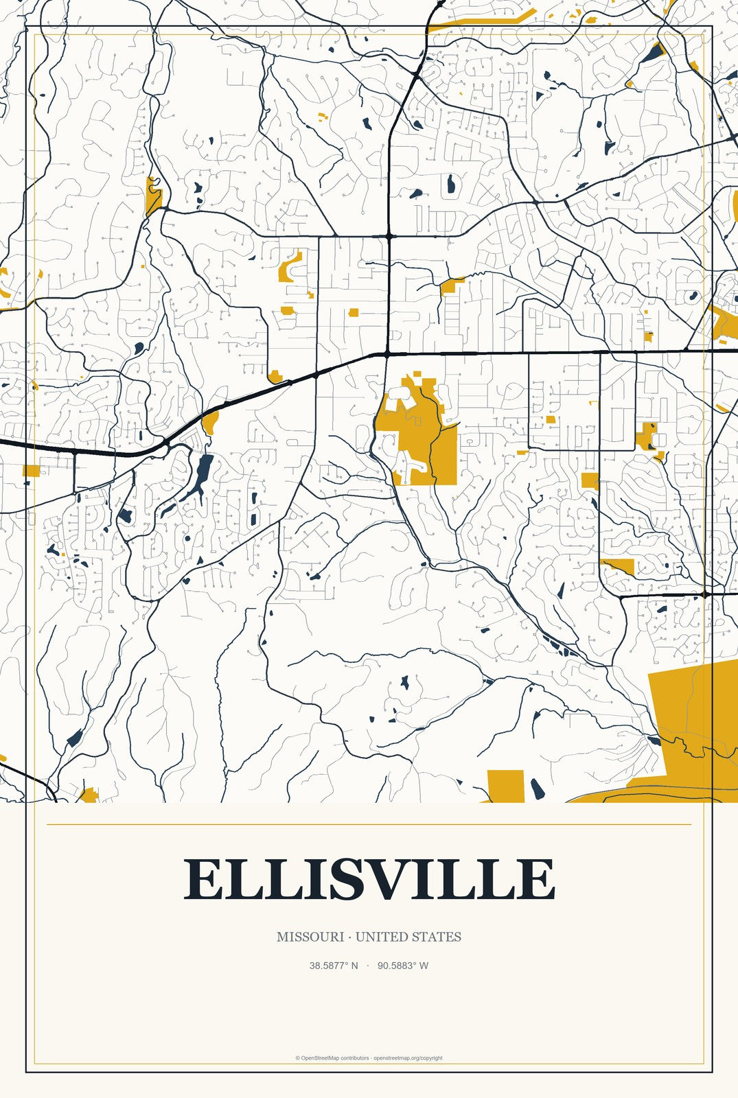 Ellisville, Missouri City Map Aluminum Sign in Citrine Modern style
