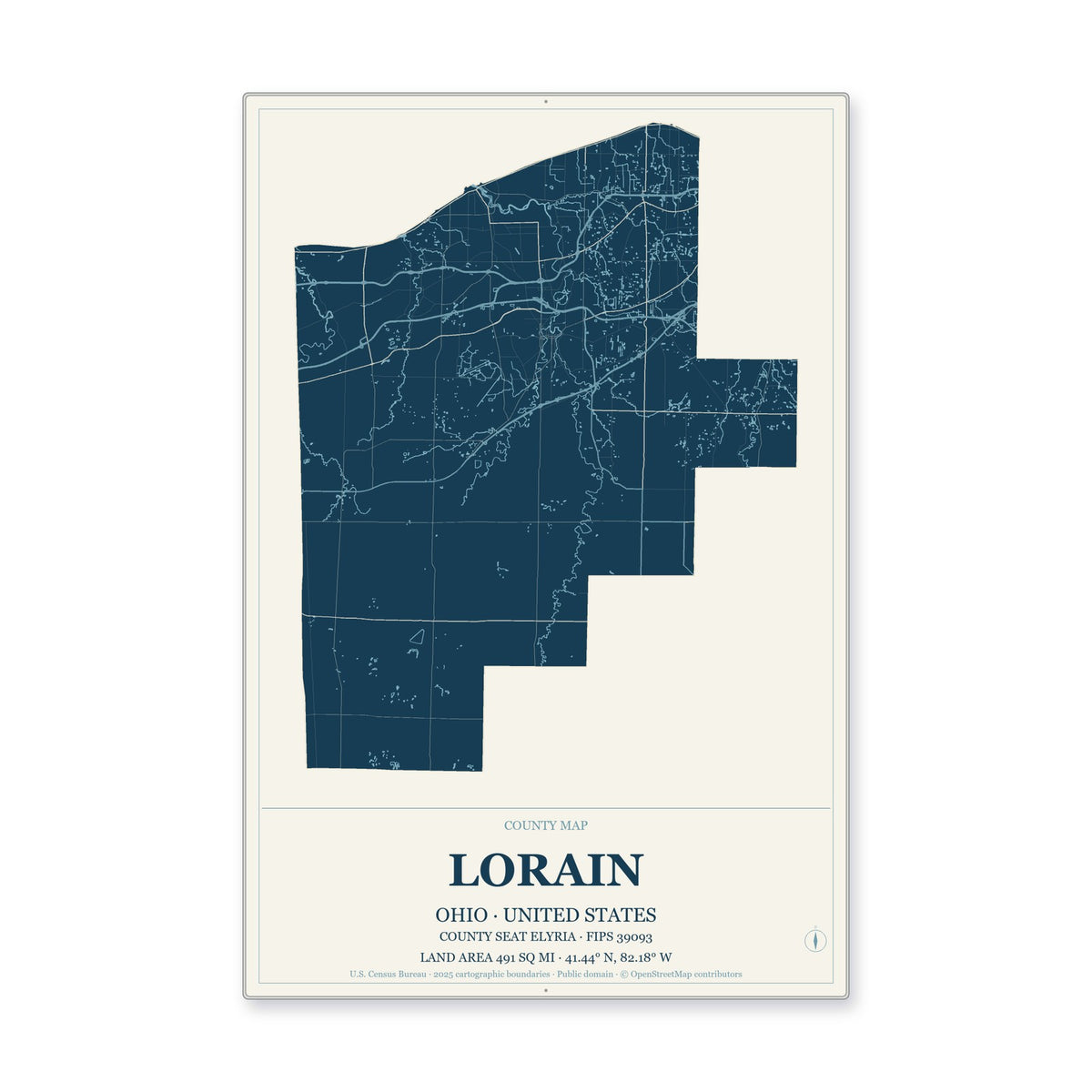 Lorain County, Ohio Map Aluminum Sign in Coastal Cutout style