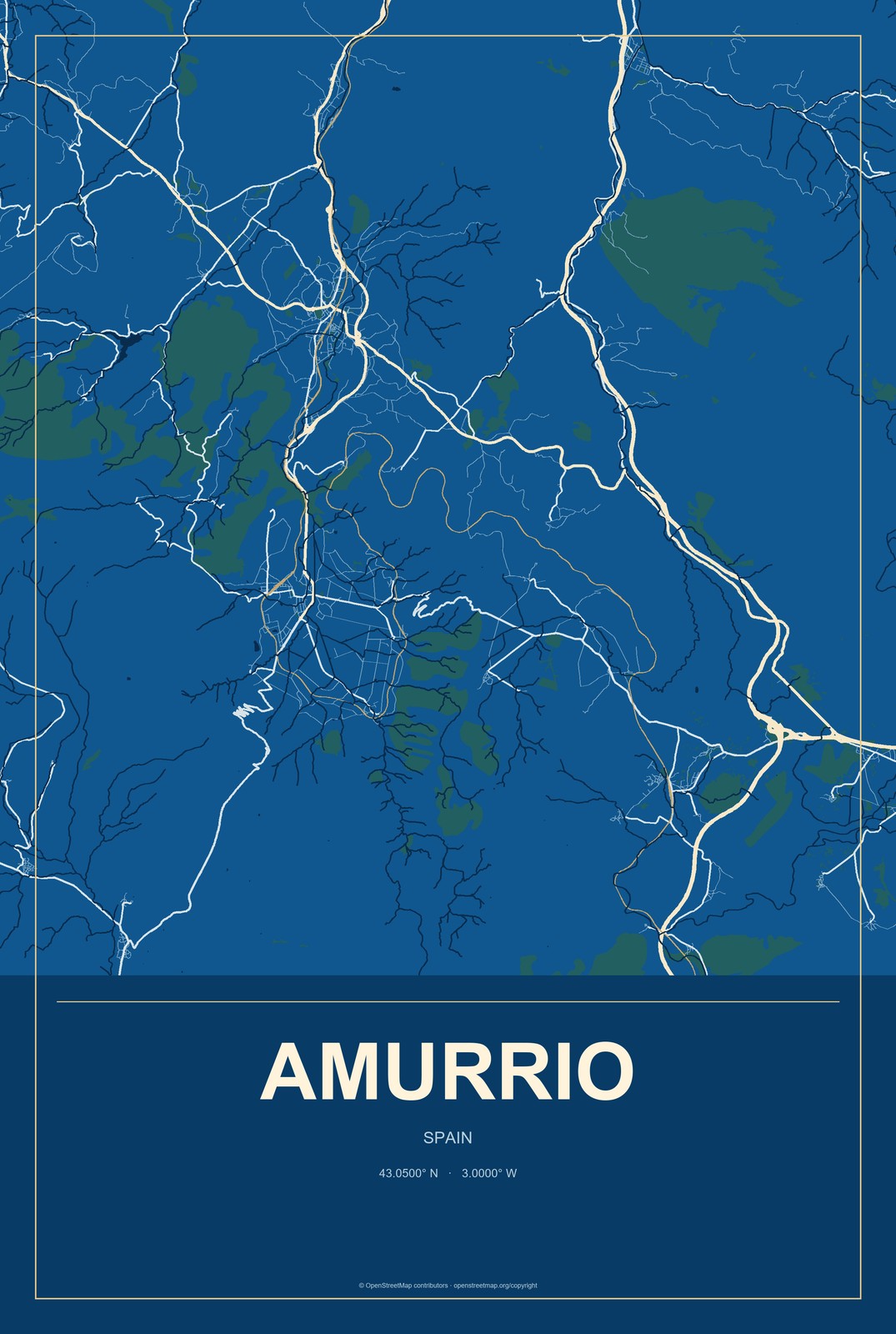 Amurrio, Spain City Map Aluminum Sign in Harbor Cobalt style