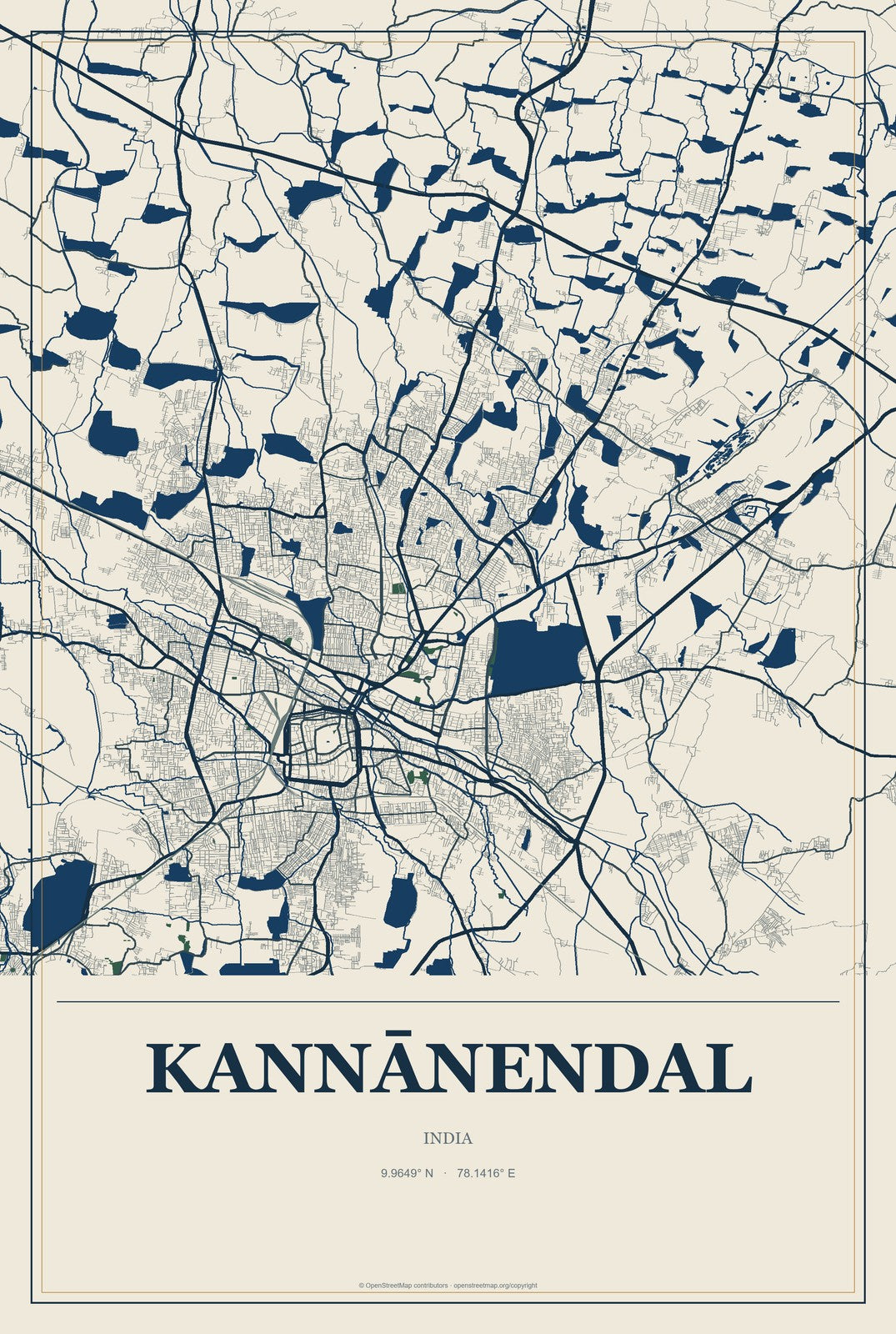 Kannānendal, India City Map Aluminum Sign in Coastal Cutout style