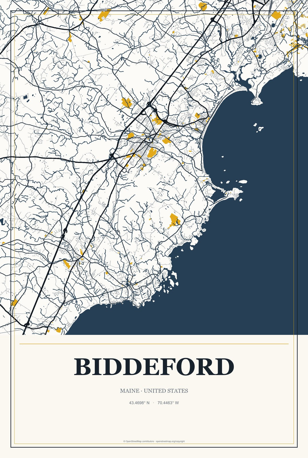 Biddeford, Maine City Map Aluminum Sign in Citrine Modern style