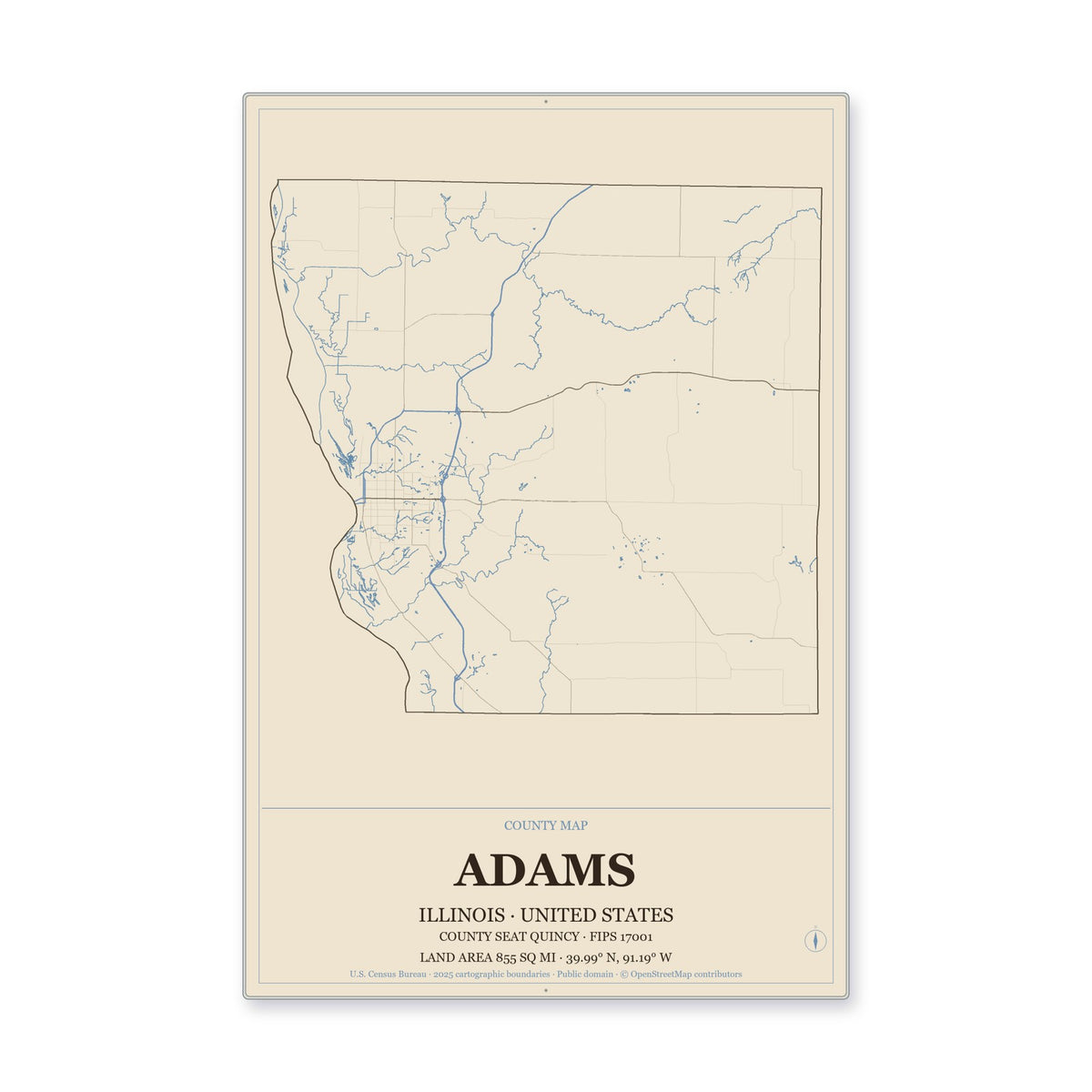 Adams County, Illinois Map Aluminum Sign in Heritage Nautical style