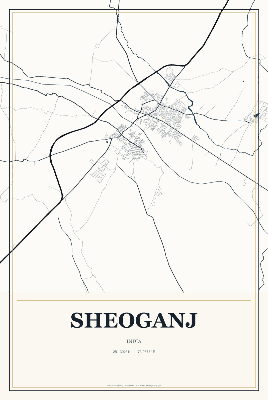 Sheoganj, India City Map Aluminum Sign in Citrine Modern style
