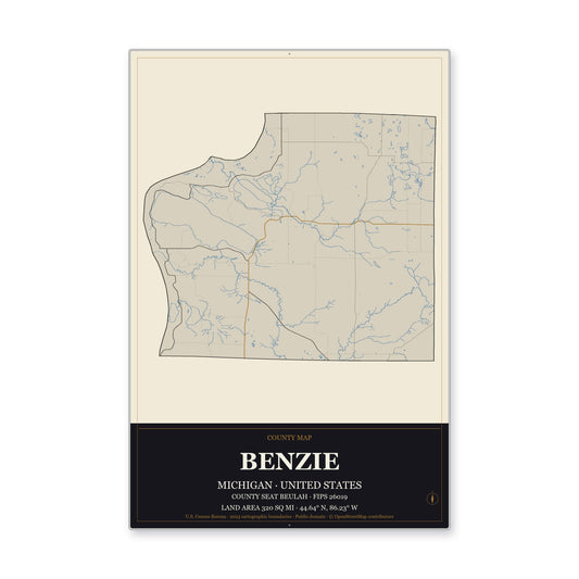 Benzie County, Michigan Map Aluminum Sign in Museum Plaque style