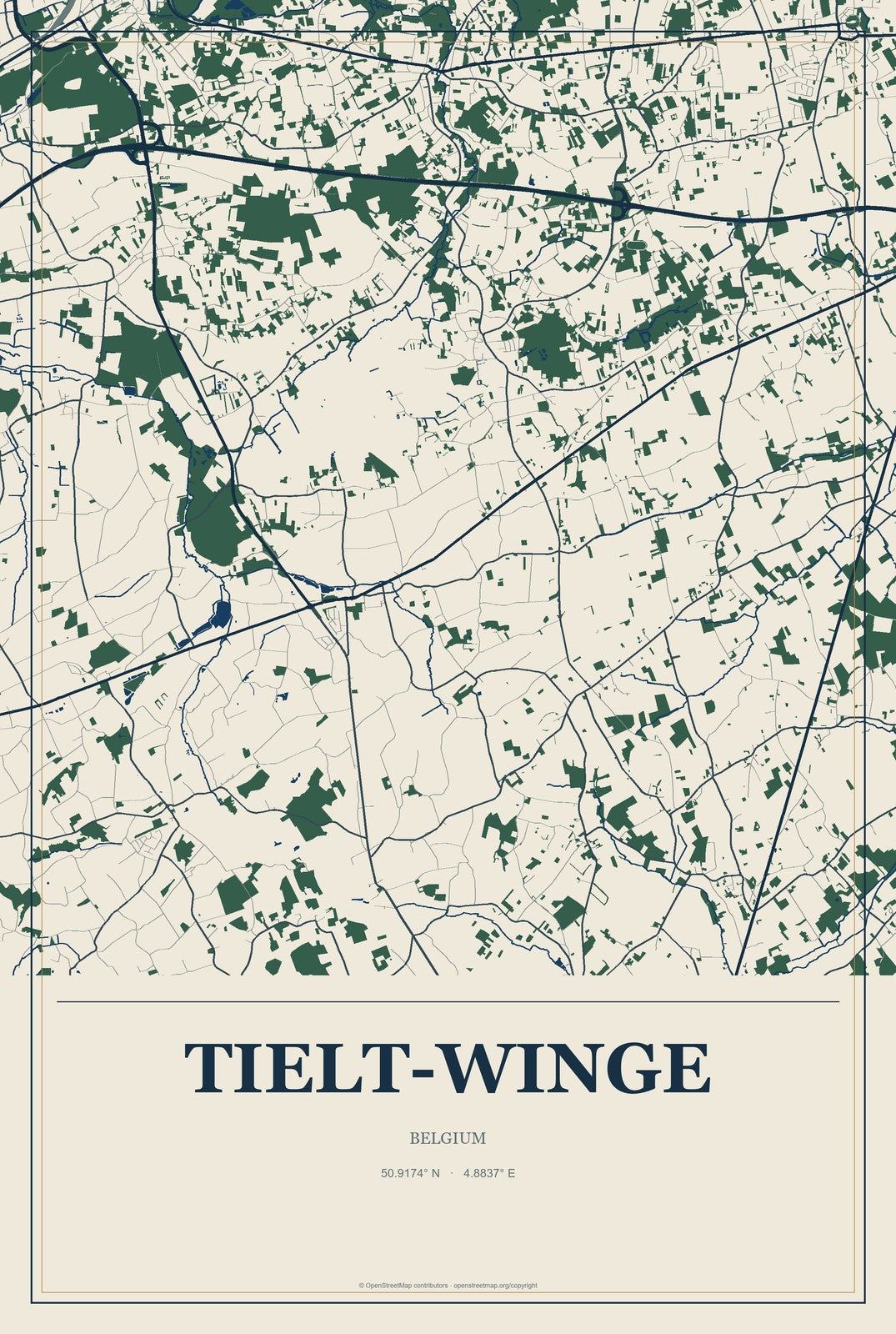 Tielt-Winge, Belgium City Map Aluminum Sign in Coastal Cutout style