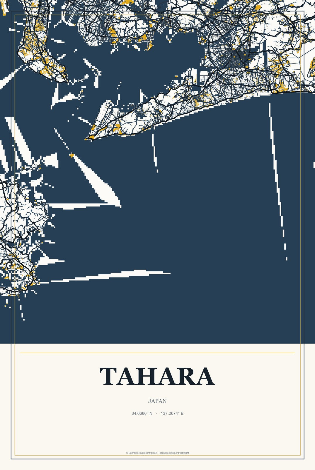 Tahara, Japan City Map Aluminum Sign in Citrine Modern style
