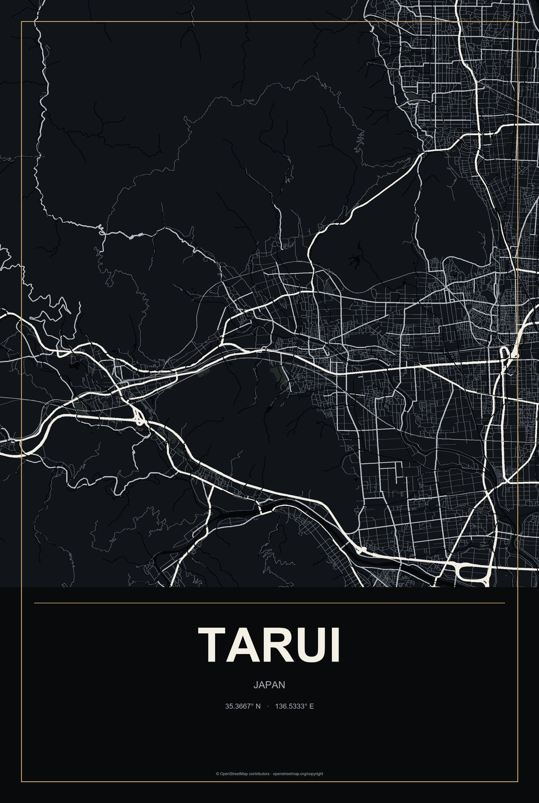 Tarui, Japan City Map Aluminum Sign in Metropolitan Noir style