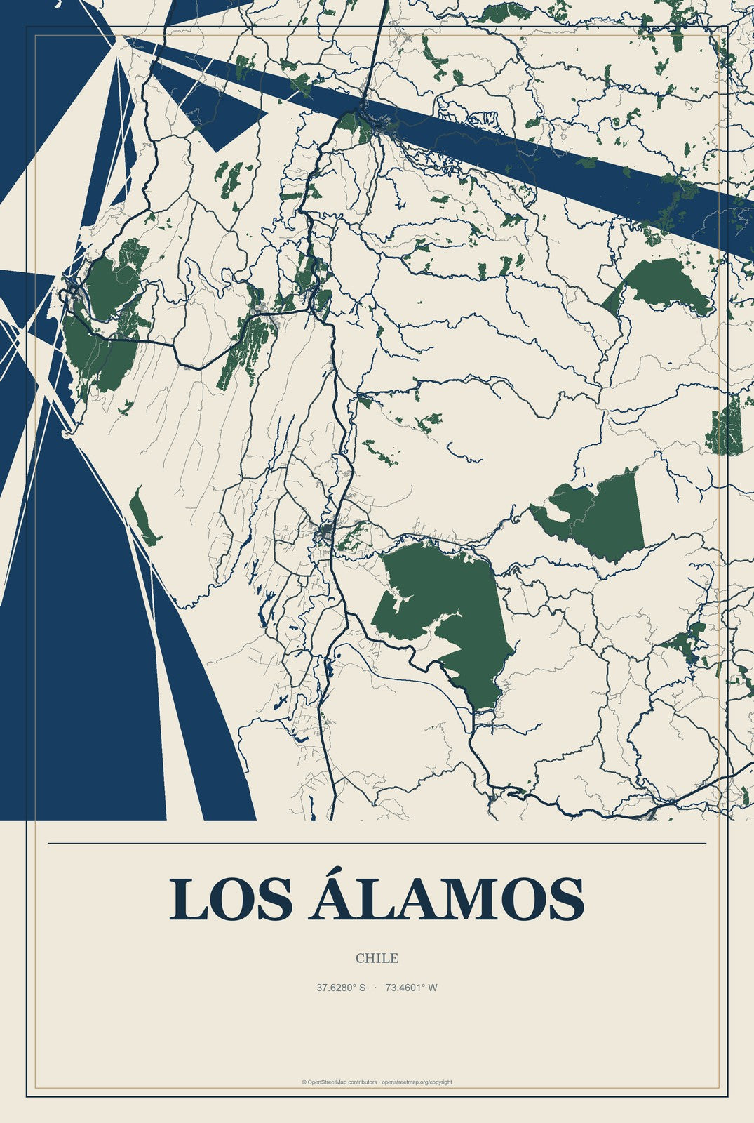 Los Álamos, Chile City Map Aluminum Sign in Coastal Cutout style