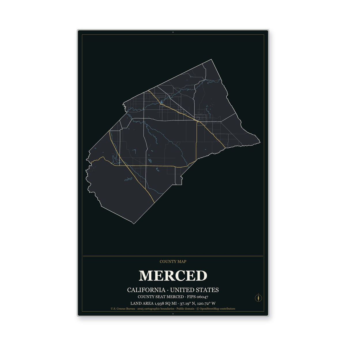 Merced County, California Map Aluminum Sign in Metropolitan Noir style