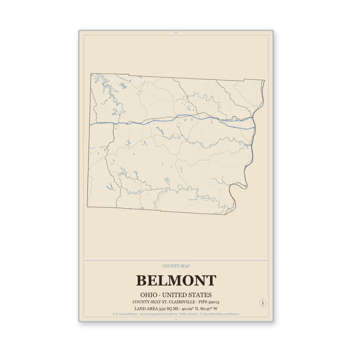 Belmont County, Ohio Map Aluminum Sign in Heritage Nautical style
