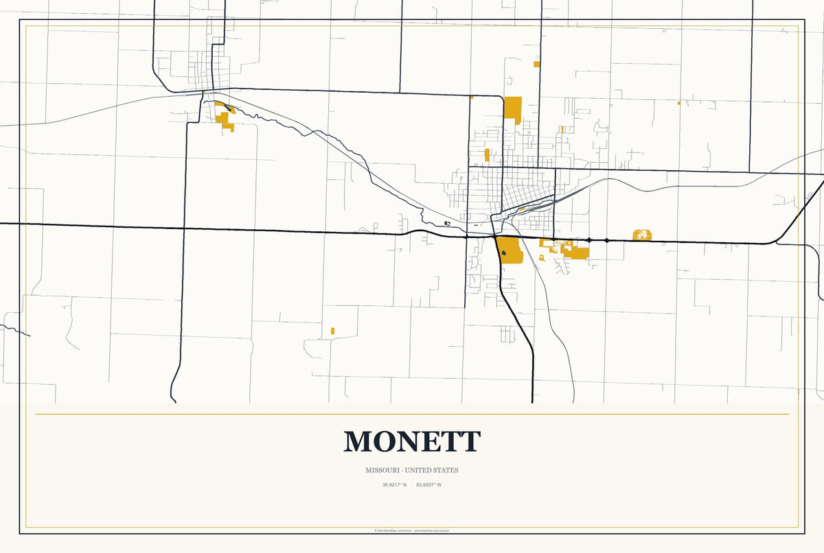 Monett, Missouri City Map Aluminum Sign in Citrine Modern style
