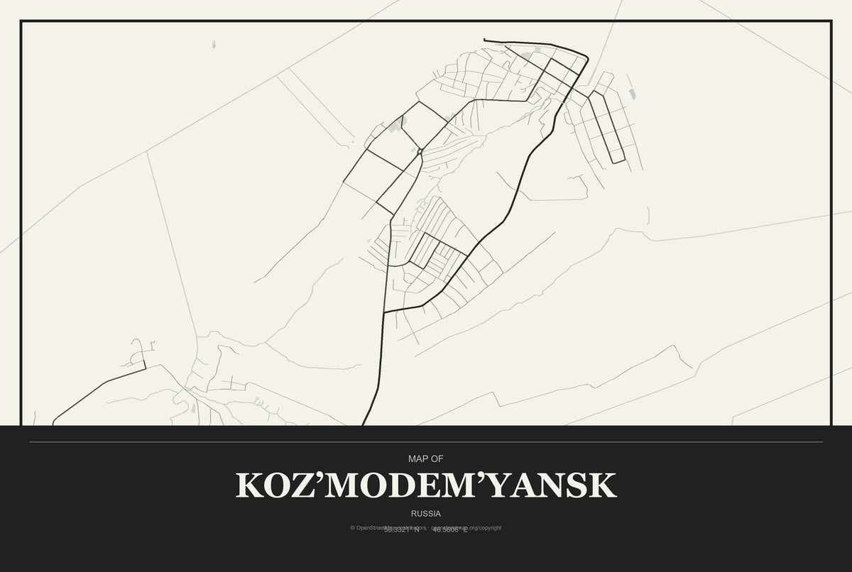 Koz’modem’yansk, Russia City Map Aluminum Sign in Museum Plaque style