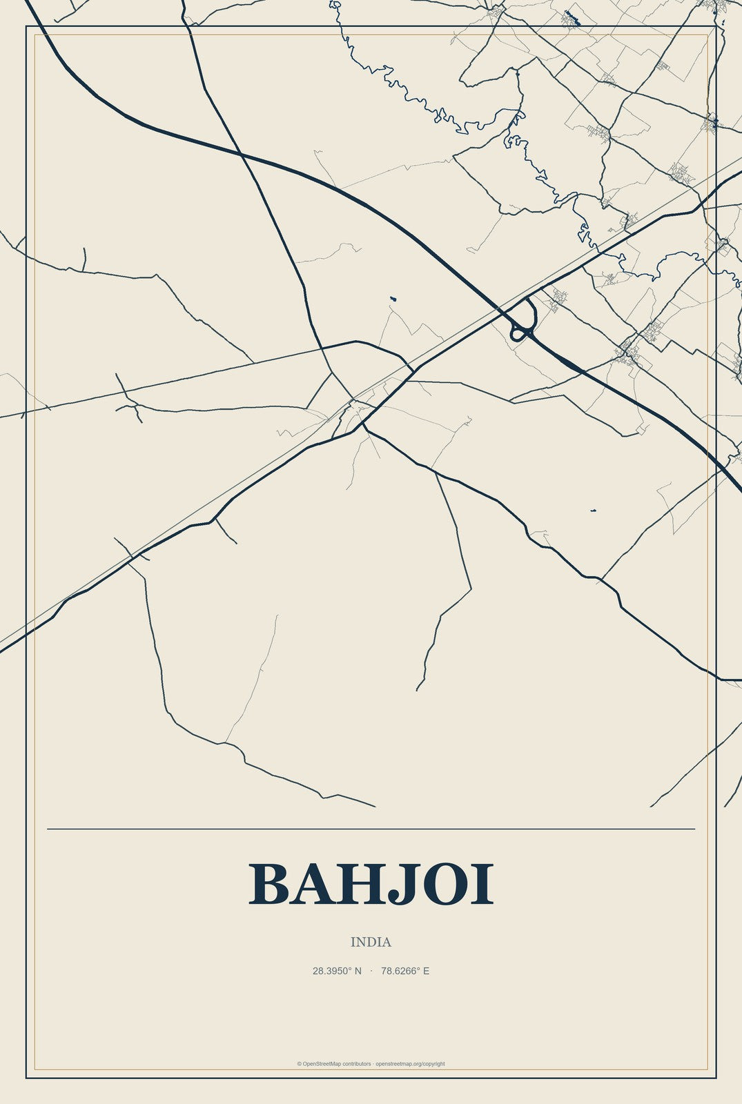 Bahjoi, India City Map Aluminum Sign in Coastal Cutout style