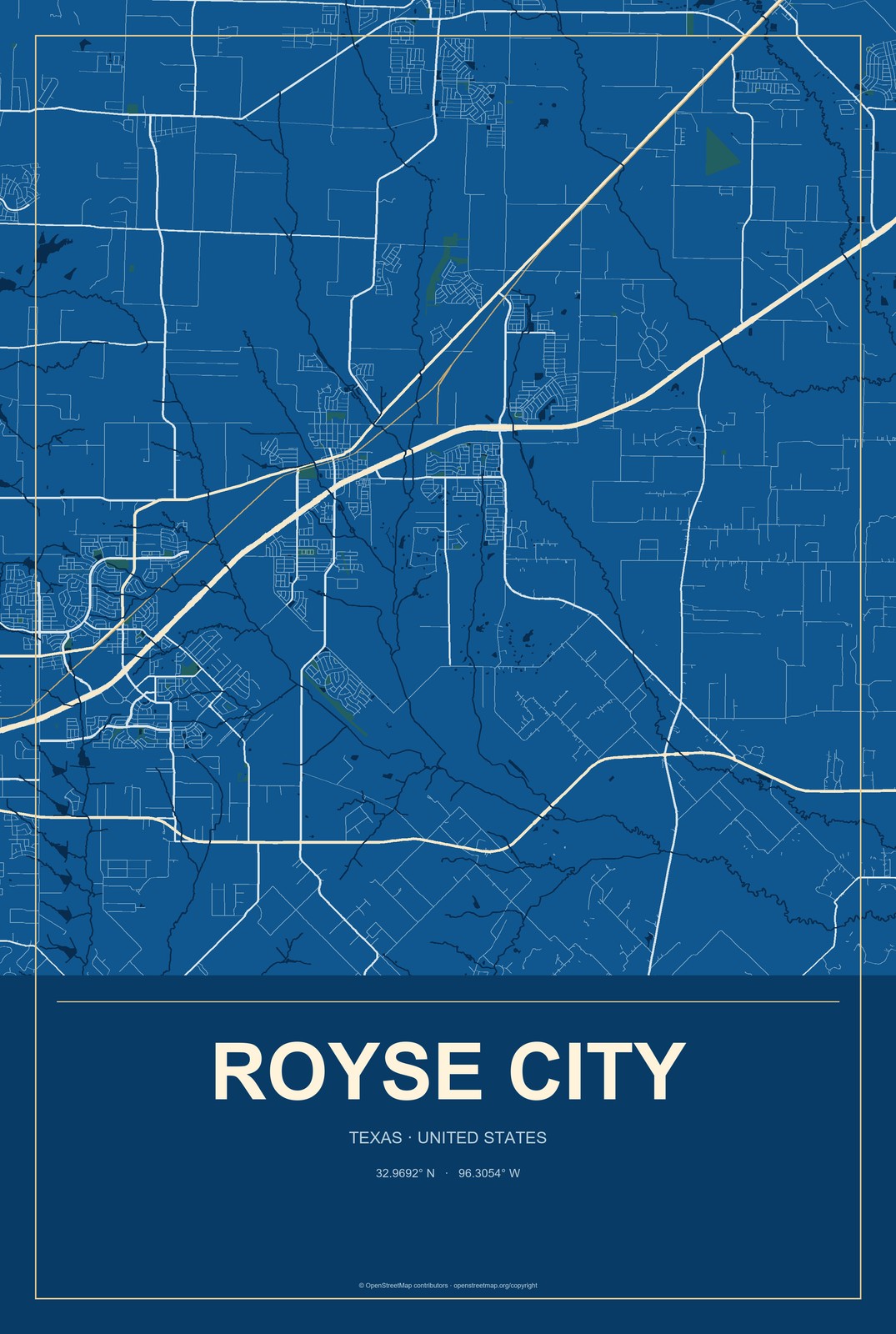 Royse City, Texas City Map Aluminum Sign in Harbor Cobalt style