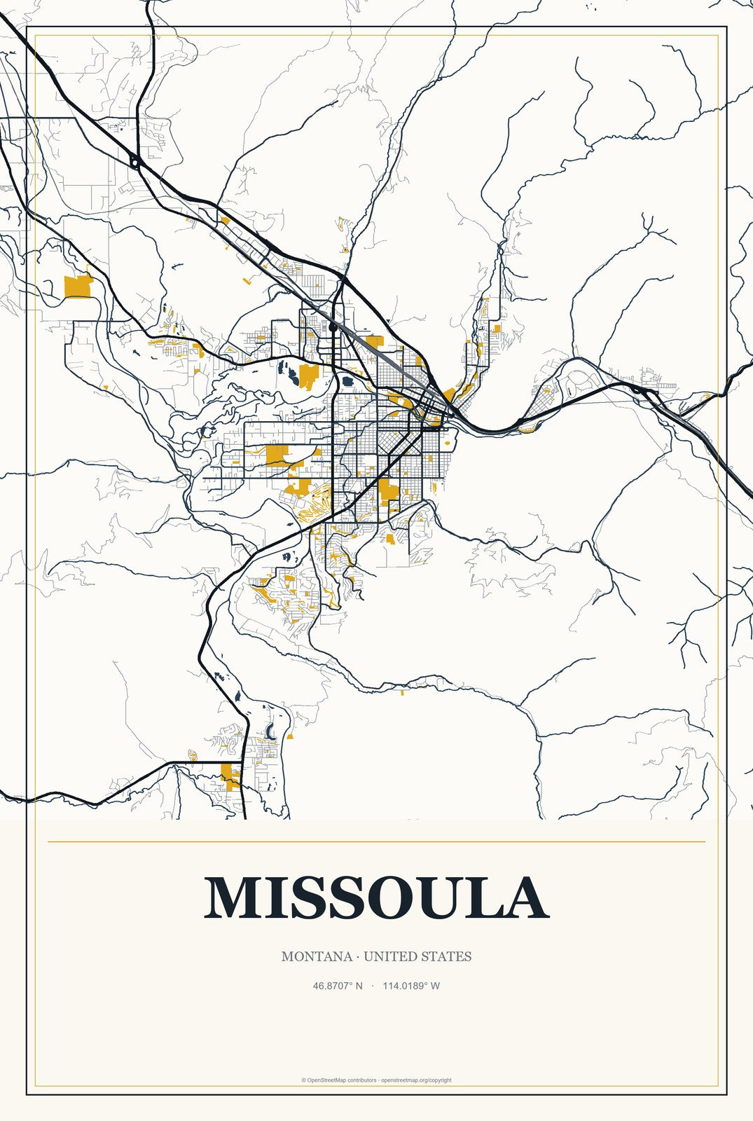Missoula, Montana City Map Aluminum Sign in Citrine Modern style