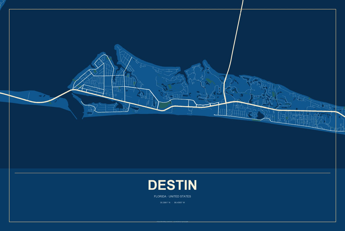 Destin, Florida City Map Aluminum Sign in Harbor Cobalt style