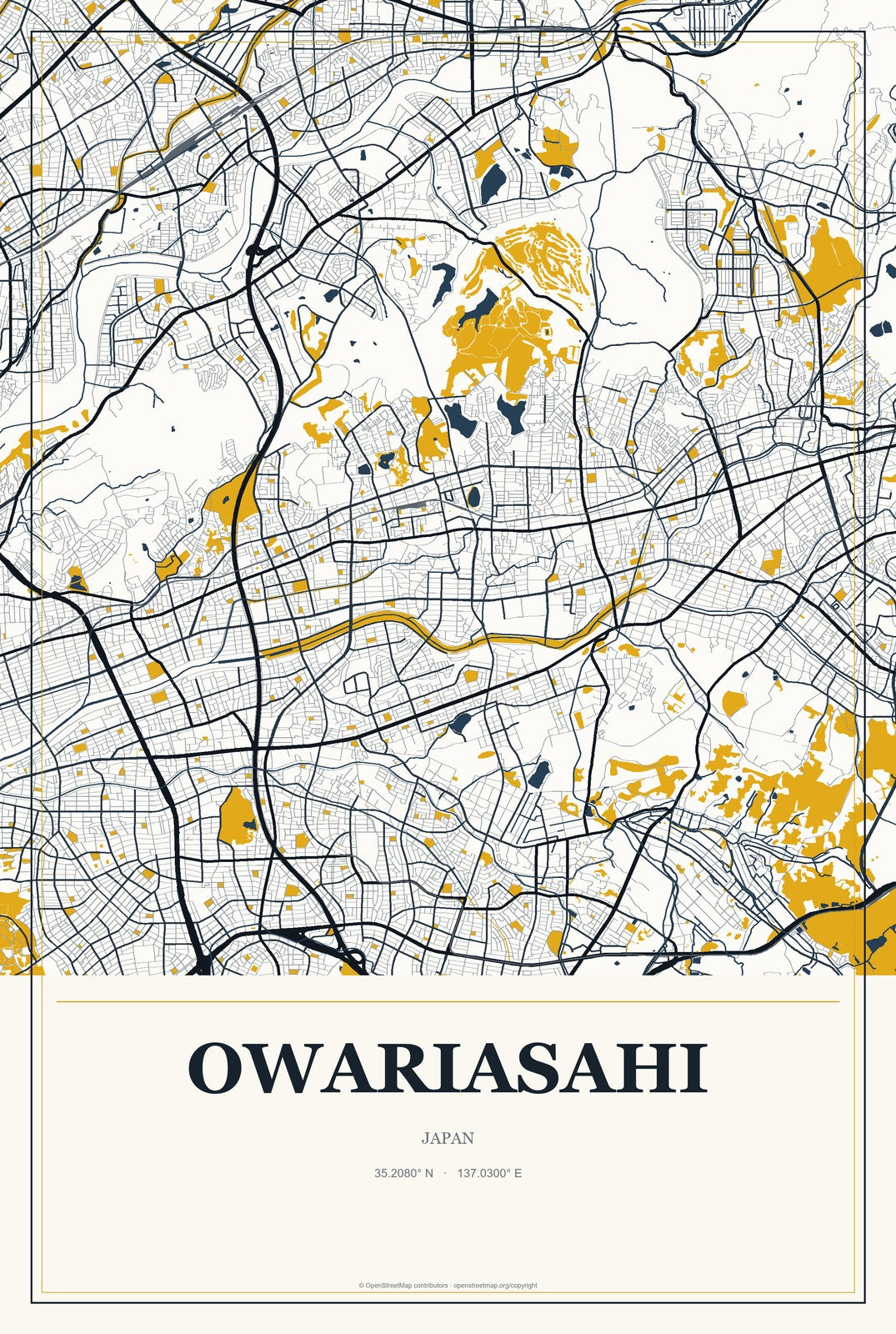 Owariasahi, Japan City Map Aluminum Sign in Citrine Modern style