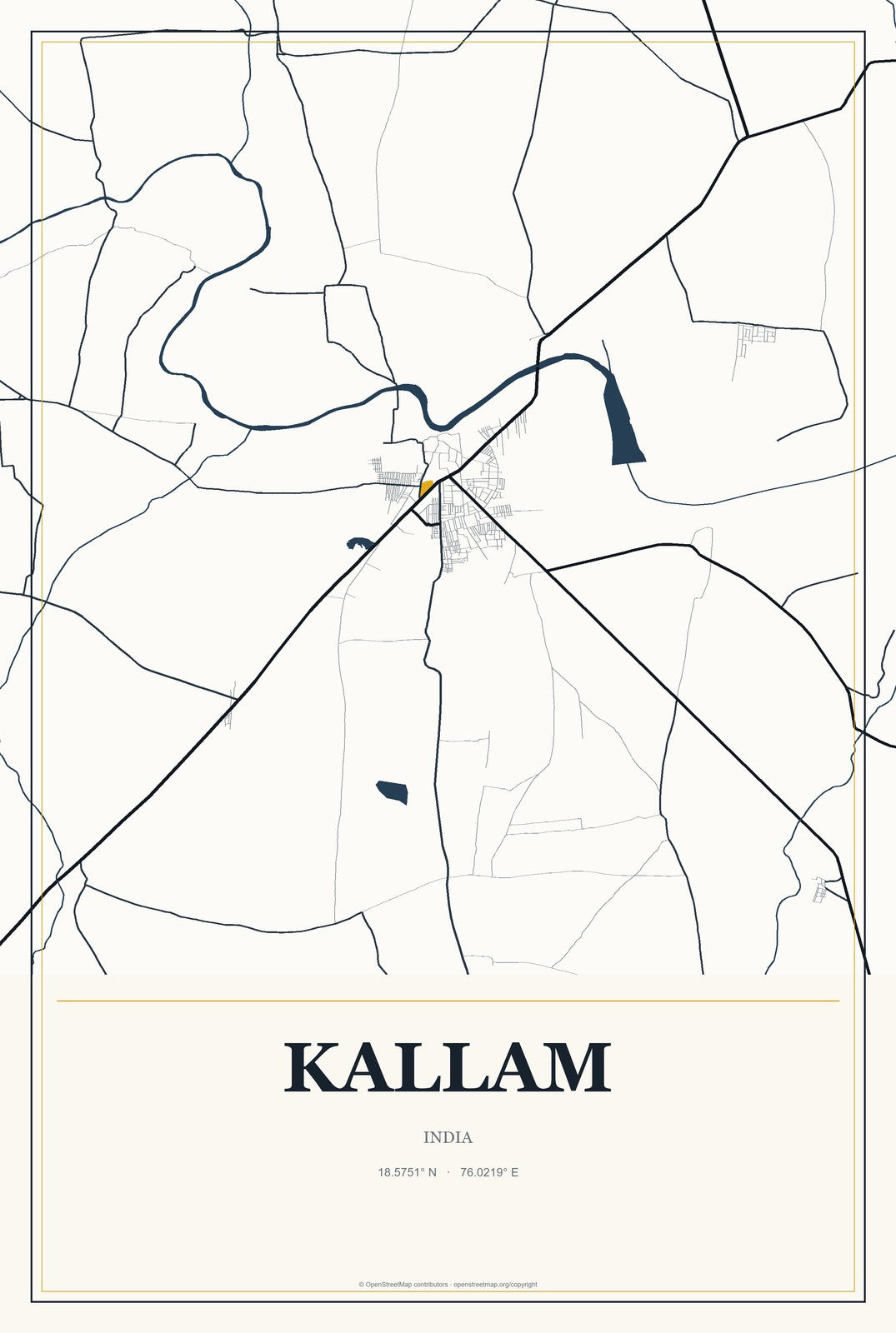 Kallam, India City Map Aluminum Sign in Citrine Modern style