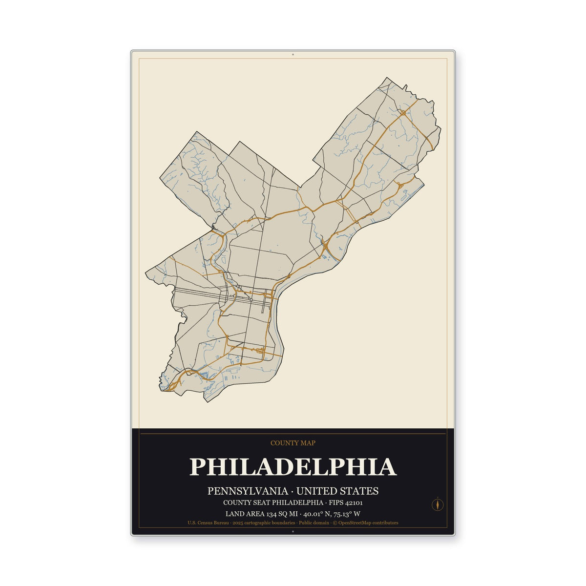 Philadelphia County, Pennsylvania Map Aluminum Sign in Museum Plaque style