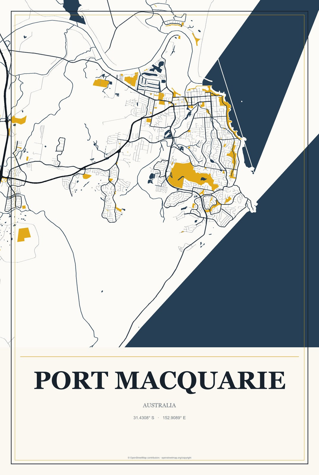 Port Macquarie, Australia City Map Aluminum Sign in Citrine Modern style