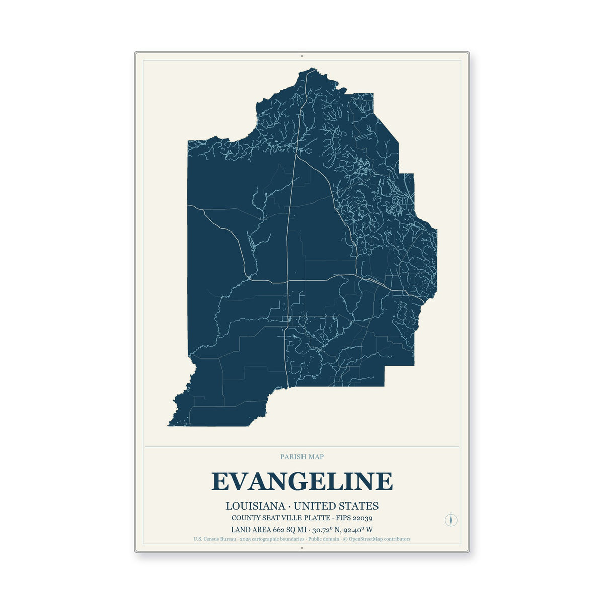 Evangeline Parish, Louisiana Map Aluminum Sign in Coastal Cutout style