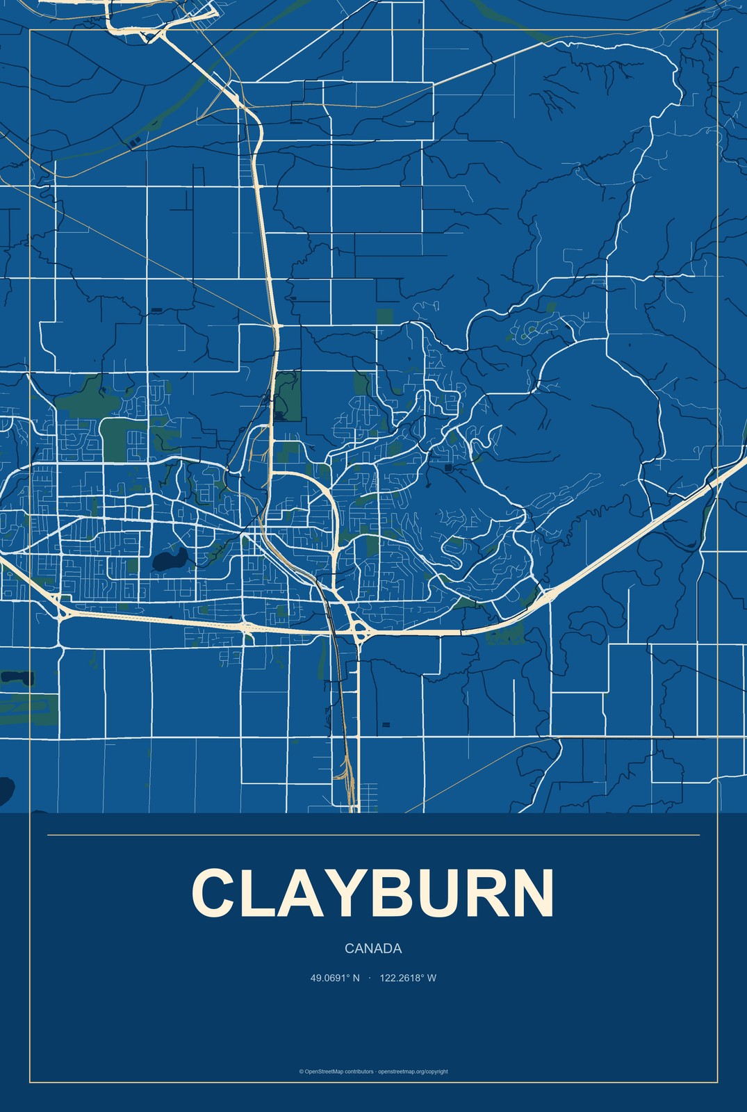 Clayburn, Canada City Map Aluminum Sign in Harbor Cobalt style