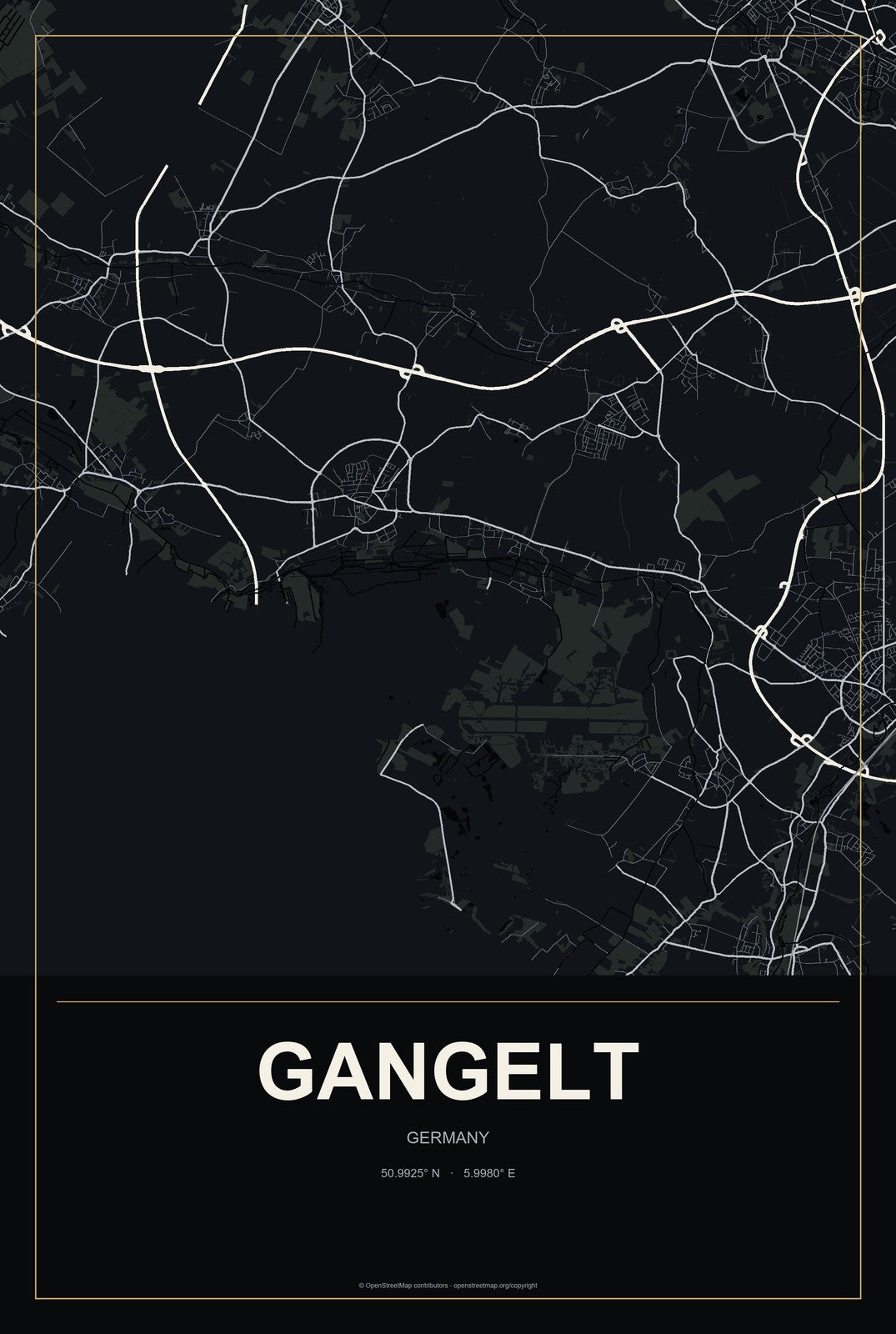 Gangelt, Germany City Map Aluminum Sign in Metropolitan Noir style