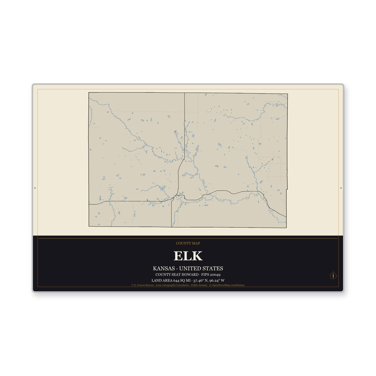 Elk County, Kansas Map Aluminum Sign in Museum Plaque style