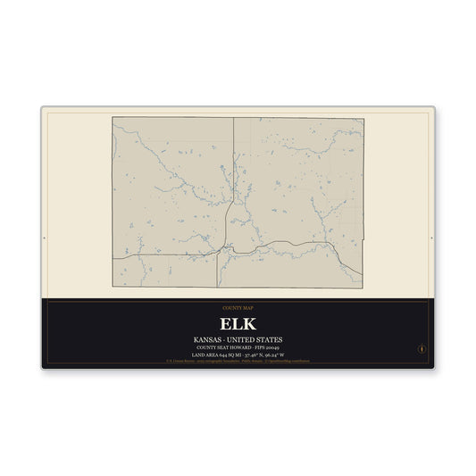 Elk County, Kansas Map Aluminum Sign in Museum Plaque style
