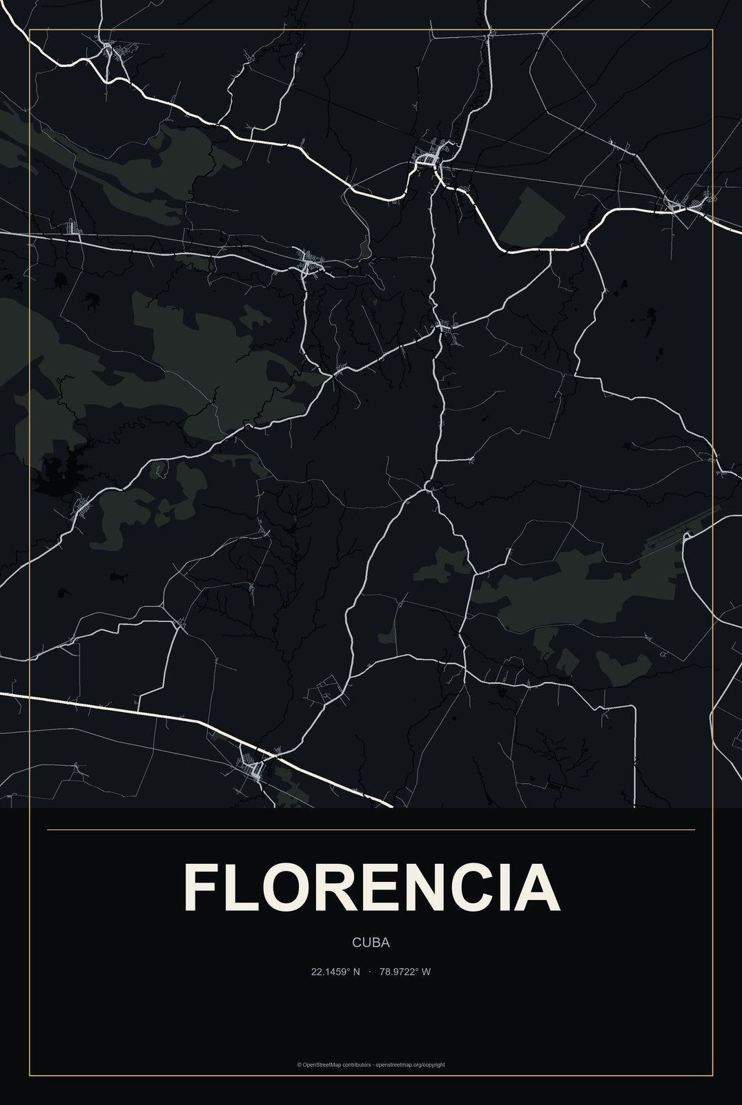 Florencia, Cuba City Map Aluminum Sign in Metropolitan Noir style