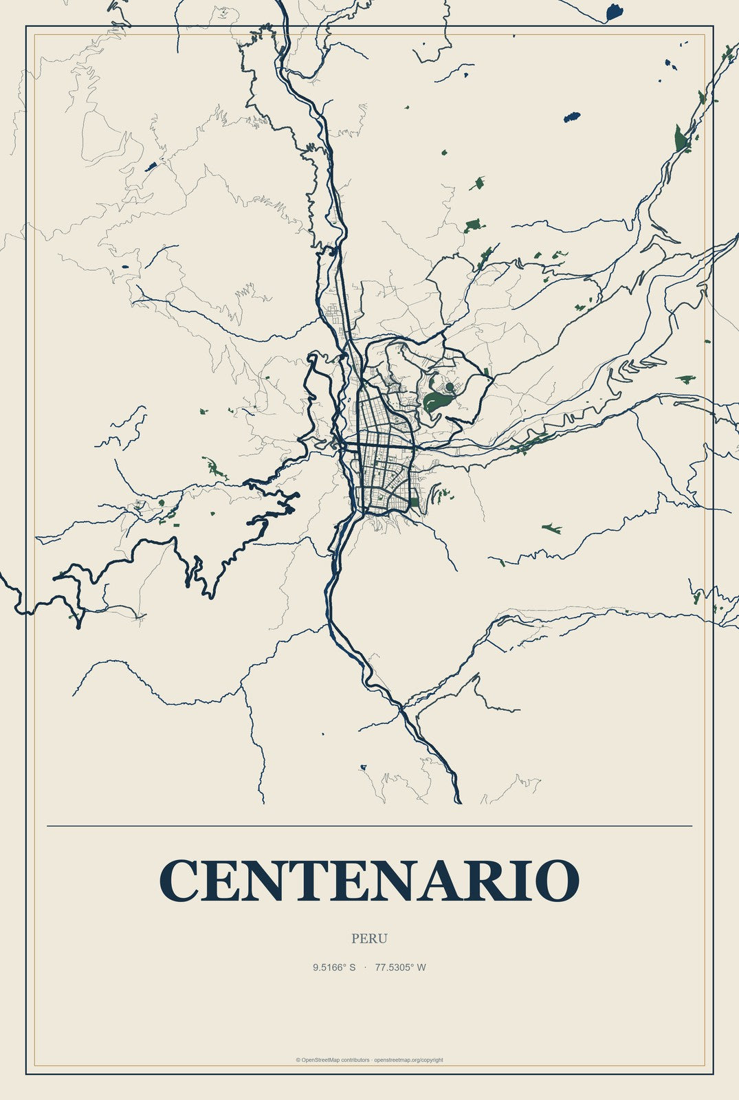 Centenario, Peru City Map Aluminum Sign in Coastal Cutout style