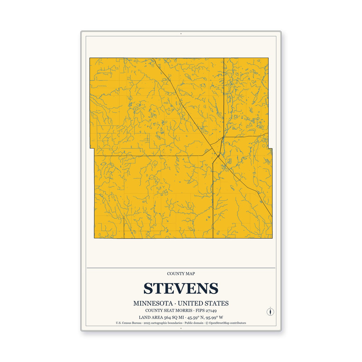 Stevens County, Minnesota Map Aluminum Sign in Citrine Modern style