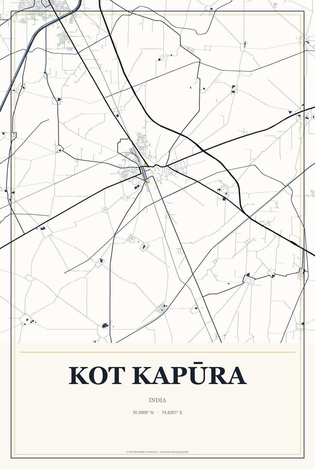 Kot Kapūra, India City Map Aluminum Sign in Citrine Modern style