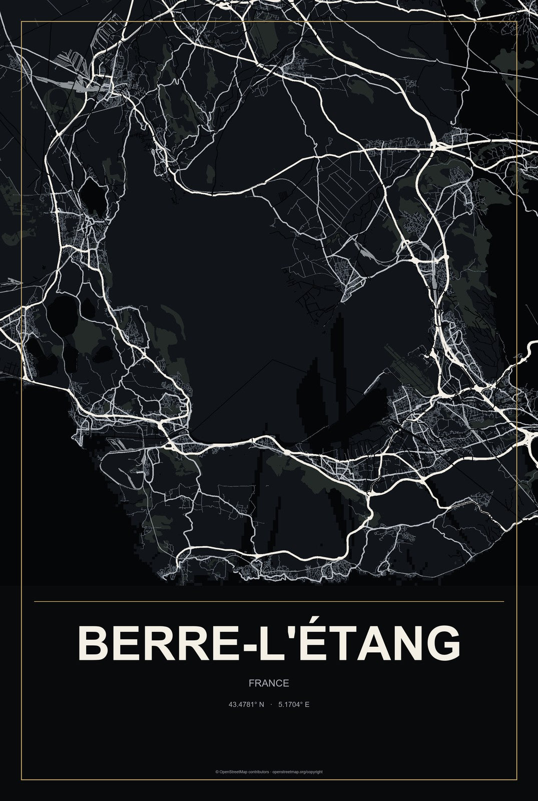 Berre-l'Étang, France City Map Aluminum Sign in Metropolitan Noir style