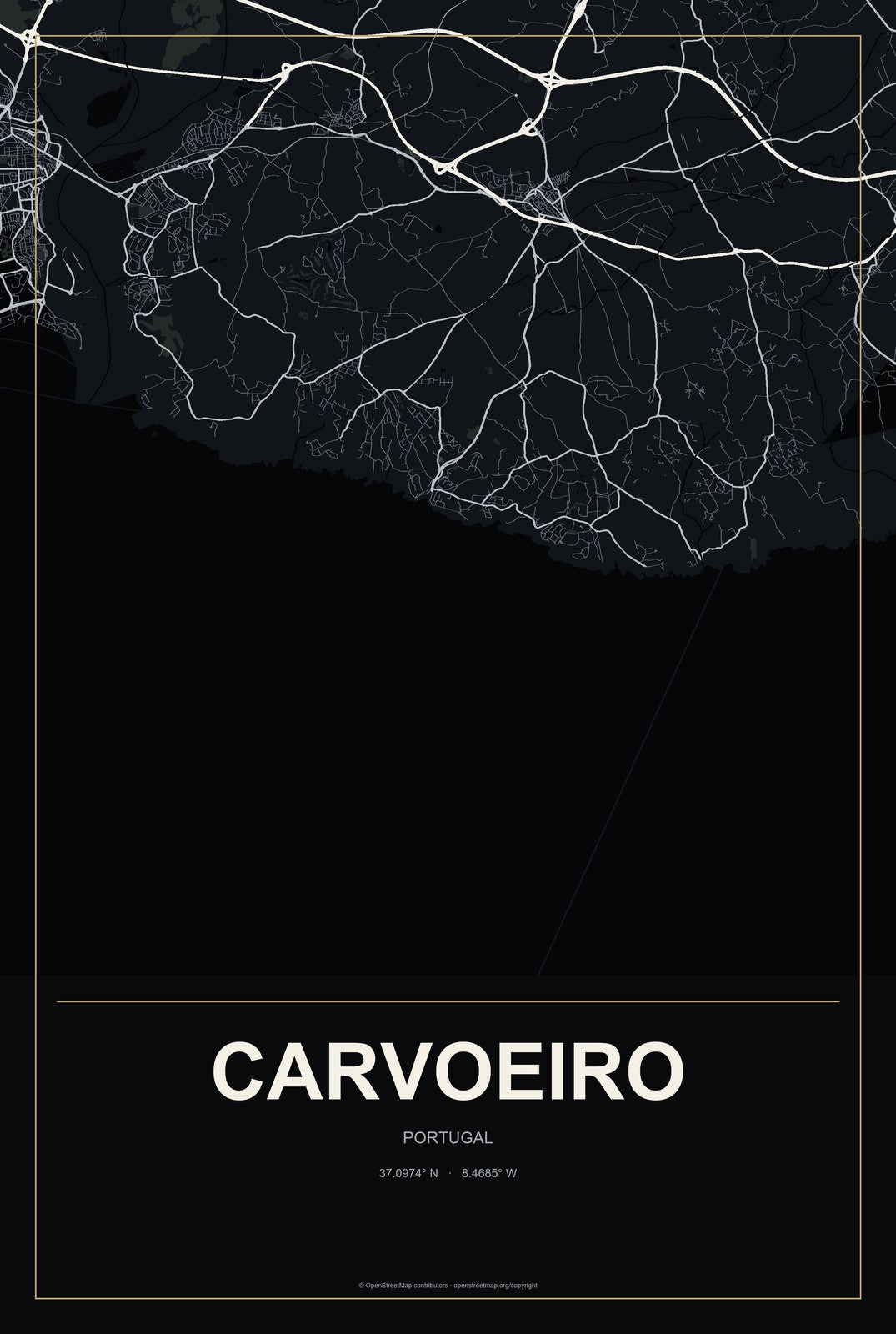 Carvoeiro, Portugal City Map Aluminum Sign in Metropolitan Noir style