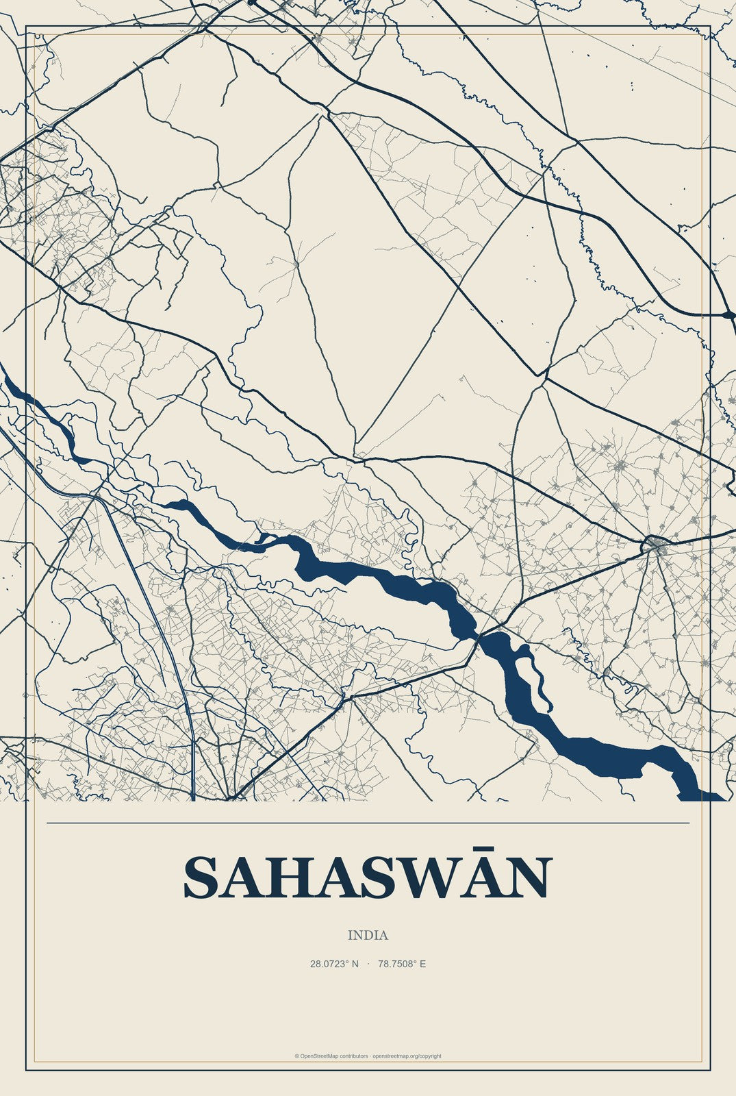 Sahaswān, India City Map Aluminum Sign in Coastal Cutout style