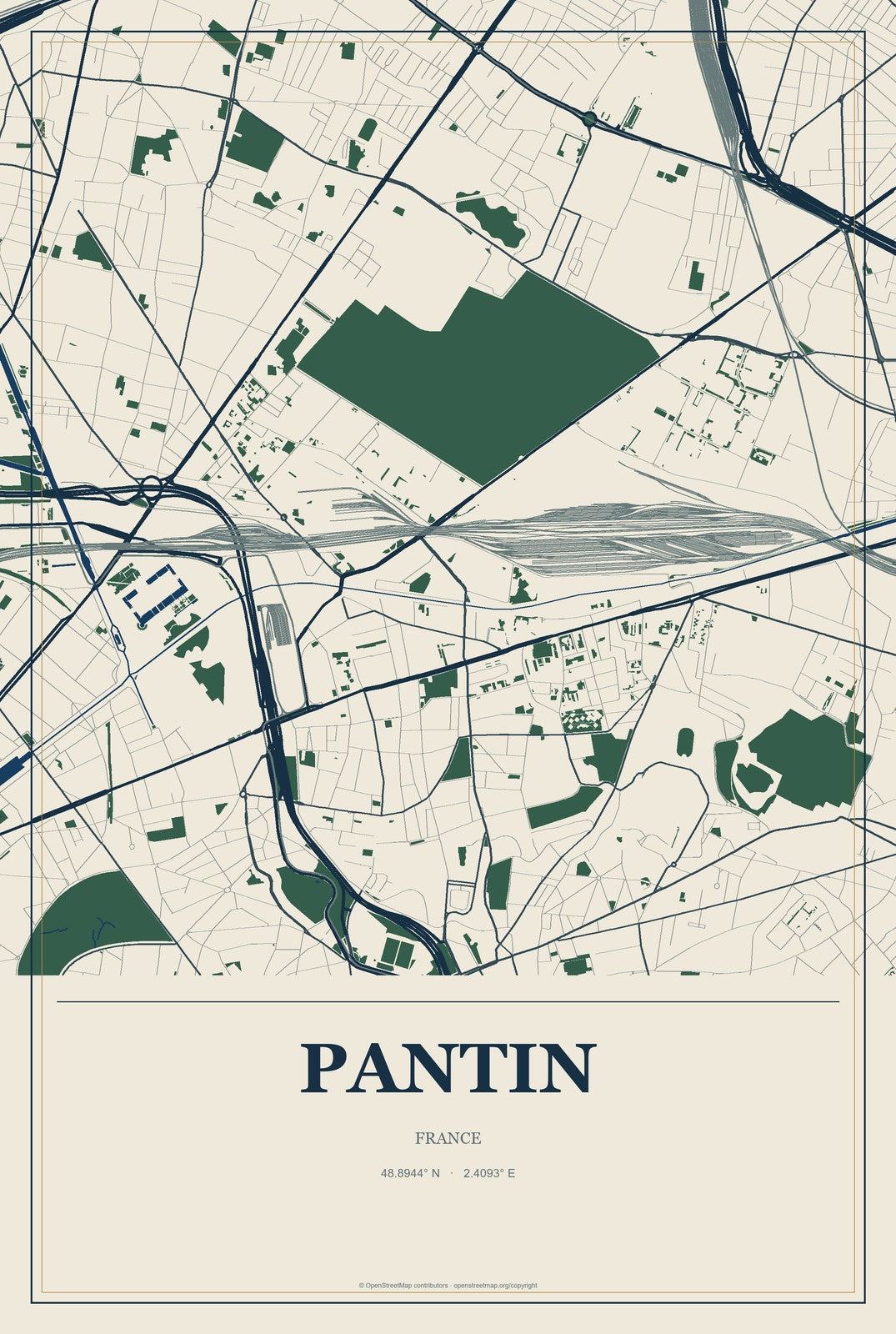 Pantin, France City Map Aluminum Sign in Coastal Cutout style