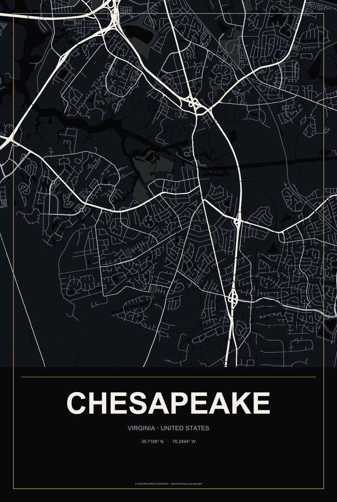 Chesapeake, Virginia City Map Aluminum Sign in Metropolitan Noir style