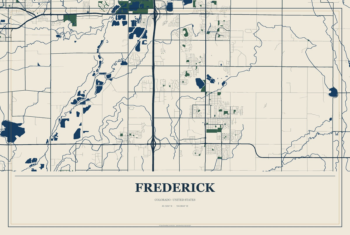 Frederick, Colorado City Map Aluminum Sign in Coastal Cutout style