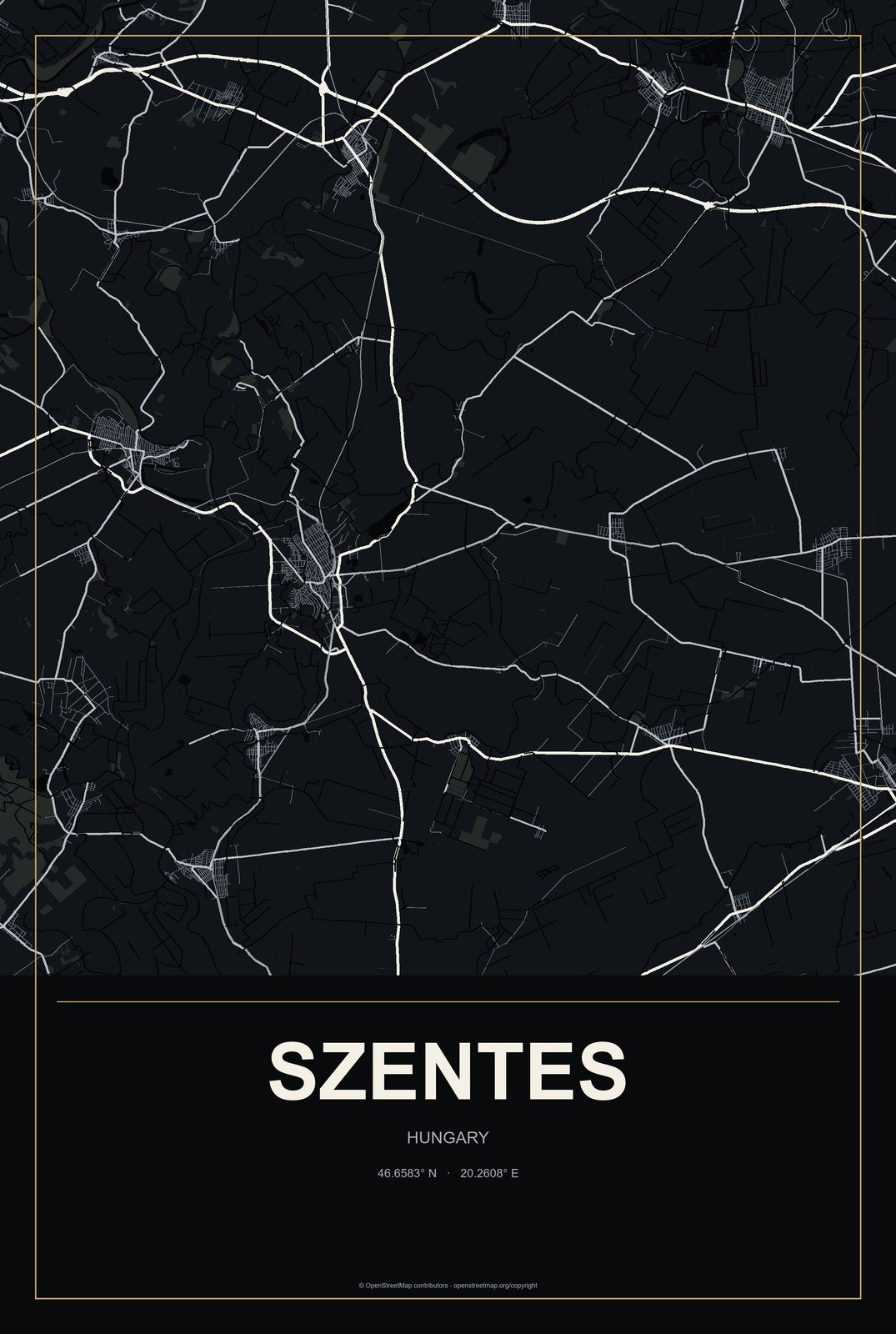 Szentes, Hungary City Map Aluminum Sign in Metropolitan Noir style